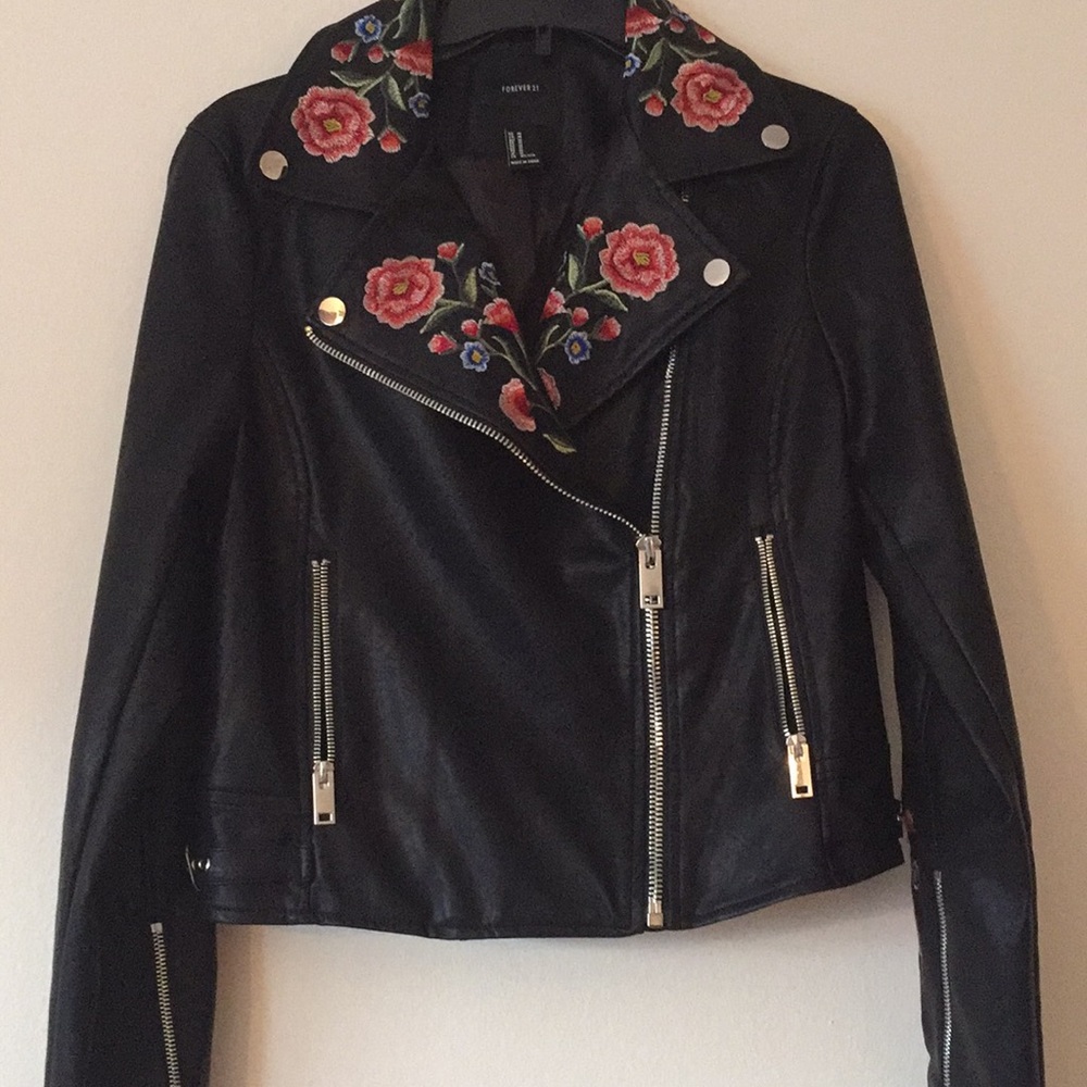 Faux leather jacket with flower details